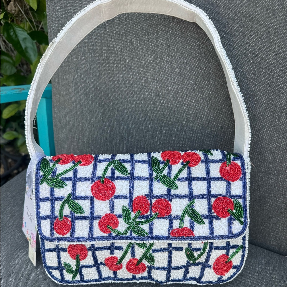HANDMADE Cherry on plaid  beaded  Bag- so cute cheery and unique 🍒zoom in 🍒